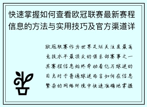 快速掌握如何查看欧冠联赛最新赛程信息的方法与实用技巧及官方渠道详解