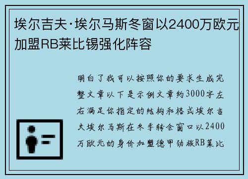 埃尔吉夫·埃尔马斯冬窗以2400万欧元加盟RB莱比锡强化阵容
