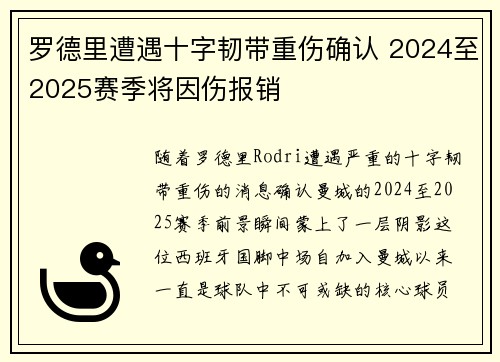 罗德里遭遇十字韧带重伤确认 2024至2025赛季将因伤报销